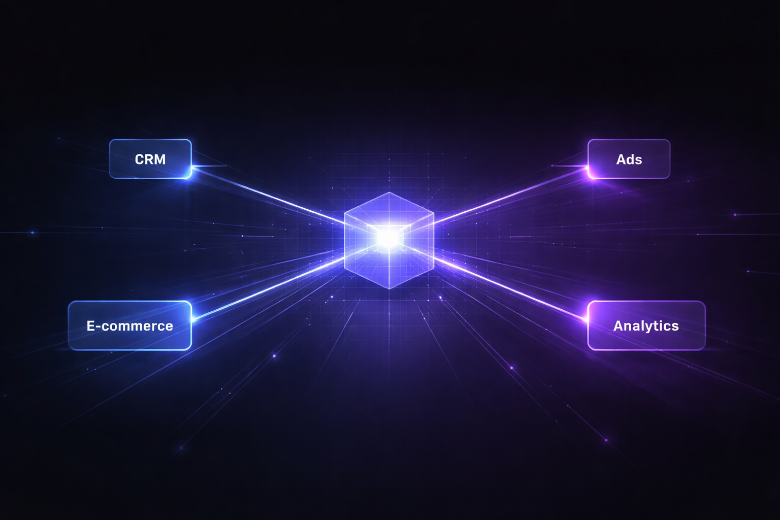 Schema integrazioni con hub dati centrale collegato a CRM, Ads, E-commerce e Analytics